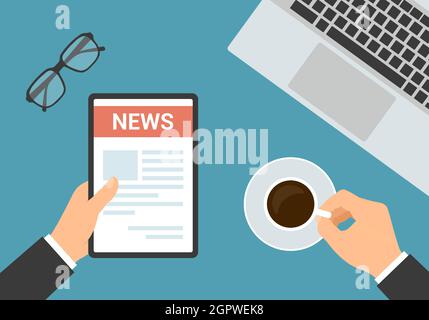Flat design top view of office workspace. Hands of manager holding tablet with newspaper, cup of coffee and laptop - vector Stock Vector