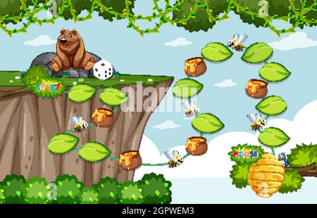 Game template with grizzly bear and bee on forest background Stock Vector