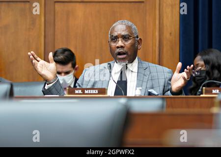 Washington, DC, USA. 30th Sep, 2021. United States Representative Gregory Meeks (Democrat of New York), speaks during a House Financial Services Committee hearing in Washington, DC, U.S., on Thursday, Sept. 30, 2021. The Treasury secretary this week warned in a letter to congressional leaders that her department will effectively run out of cash around Oct. 18 unless Congress suspends or increases the debt limit. Credit: Al Drago/Pool via CNP/dpa/Alamy Live News Stock Photo