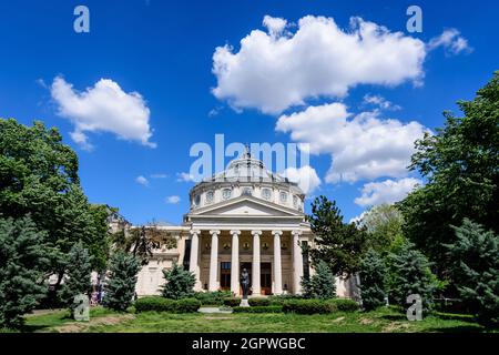 Old building of the Romanian Athenaeum (Ateneul Roman), a concert hall in the center of Bucharest, Romania, landmark of the Romanian capital city loca Stock Photo