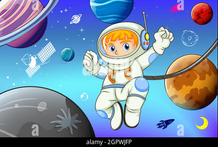Astronaut with planets in space Stock Vector