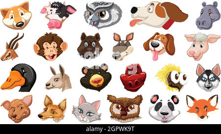 Set of different cute cartoon animals head huge isolated on white background Stock Vector