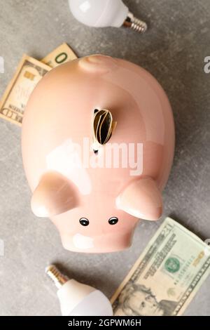 Energy saving concept on gray textured background. Stock Photo