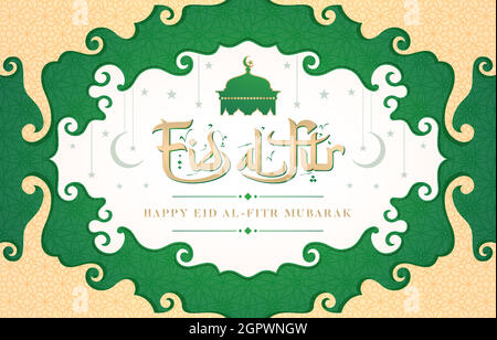 illustration of Eid Al-Fitr or happy eid mubarak, with typography arabic fonts model, applicable for greeting cards, banner, sign, and label corporate. Stock Vector