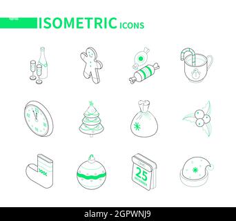 Merry Christmas and Happy New Year - modern line isometric icon set. Holiday celebration symbols. Gingerbread man, sugar cane, clock, decorated tree, Stock Vector