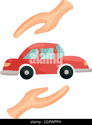 Car protected by hands icon, cartoon style Stock Vector