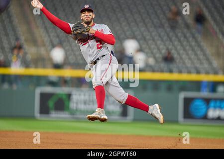 WASHINGTON, DC - September 13: Washington Nationals shortstop CJ Abrams (5)  catches a pop up in front of second baseman Luis Garcia (2) during the  Baltimore Orioles versus the Washington Nationals on