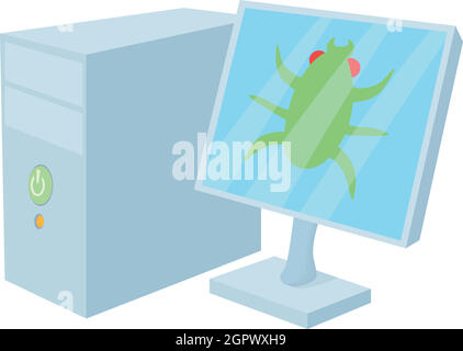 Bug on computer icon, cartoon style Stock Vector