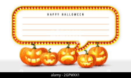 Happy halloween 3D realistic scary jack lantern and neon Circus lights frame memo template Stock Vector