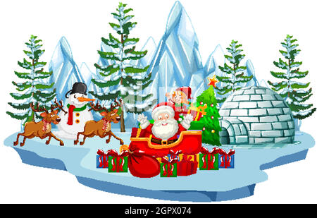 Scene with Santa and snowman in winter time Stock Vector