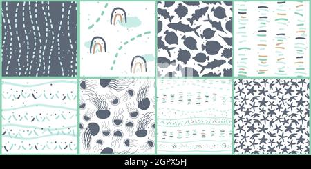 Set of cute abstract pastel green brown blue white seamless patterns. Ocean and sea simple underwater topic: jellyfish, fish, stars, water bubbles in Stock Vector