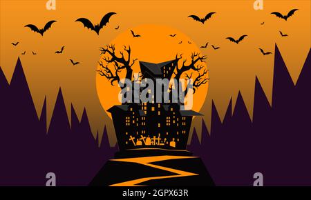 Halloween night background, pumpkins, bat, tree, moon and dark castle. Happy Halloween banner or party invitation background vector illustration. Stock Vector