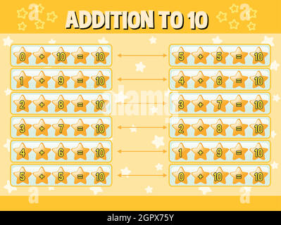 Addition to ten with yellow stars Stock Vector