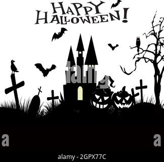 Halloween night background, pumpkins, bat, tree, moon and dark castle. Happy Halloween banner or party invitation background vector illustration. Stock Vector