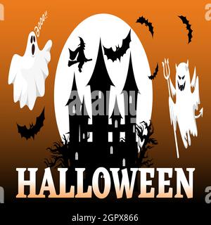 Halloween night background, pumpkins, bat, tree, moon and dark castle. Happy Halloween banner or party invitation background vector illustration. Stock Vector