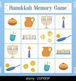 Activities for children related to Hanukkah. Memory Game with symbols of Jewish holiday Hanukkah, dreidel, donuts, oil jar, coins, latkes. Vector illu Stock Vector