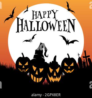 Halloween night background, pumpkins, bat, tree, moon and dark castle. Happy Halloween banner or party invitation background vector illustration. Stock Vector