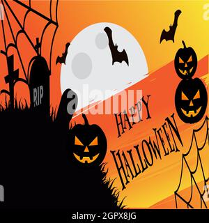 Halloween night background, pumpkins, bat, tree, moon and dark castle. Happy Halloween banner or party invitation background vector illustration. Stock Vector