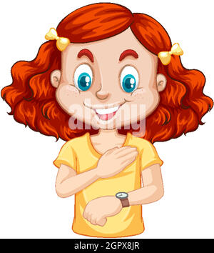 Girl cartoon character looking at wrist watch Stock Vector