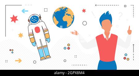 Space science research technology vector illustration. Cartoon scientist man and cosmonaut spaceman flying in cosmos space isolated on white Stock Vector