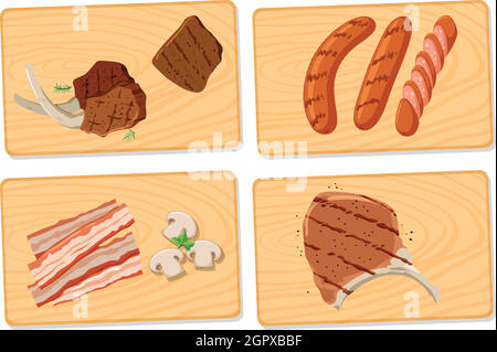 Variety of meat on chopping boards Stock Vector