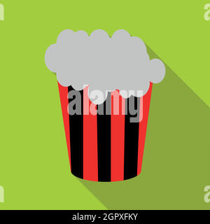 Popcorn in striped bucket icon, flat style Stock Vector