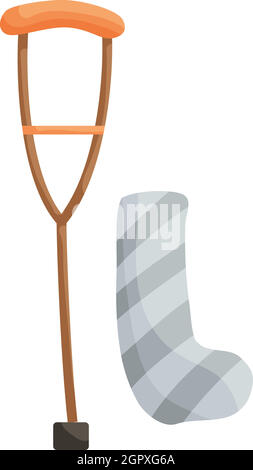 Crutch and plaster bandage icon, cartoon style Stock Vector