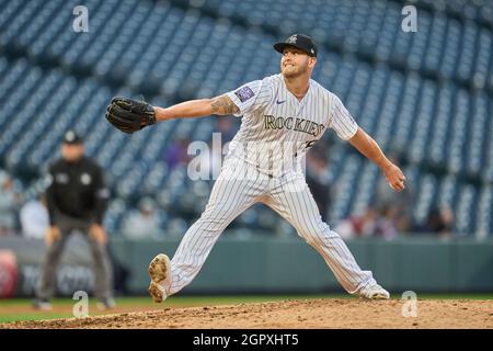 Denver CO, USA. 29th Sep, 2021. Colorado pitcher Lucas Gilbreath (59) throws a pitch during the game with Washington Nationals and Colorado Rockies held at Coors Field in Denver Co. David Seelig/Cal Sport Medi. Credit: csm/Alamy Live News Stock Photo