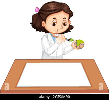 Cute girl wearing scientist uniform with blank paper on the table Stock Vector