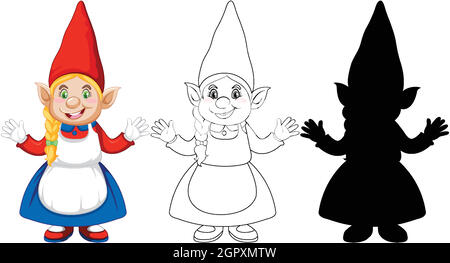 Gnome in color and outline and silhouette in cartoon character on white background Stock Vector