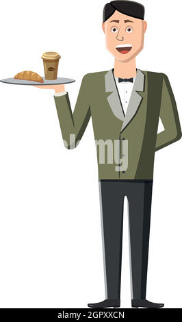 Waiter holding tray with food icon, cartoon style Stock Vector