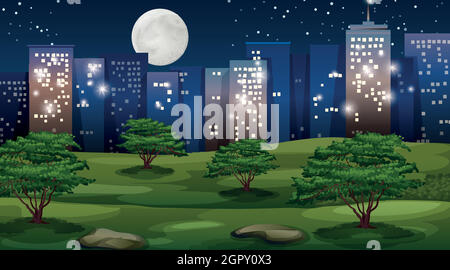 Cityscape at night with park in foreground Stock Vector