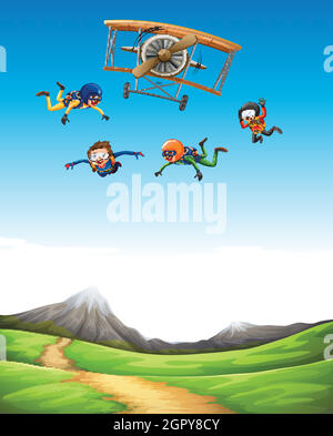 Four people doing sky diving Stock Vector