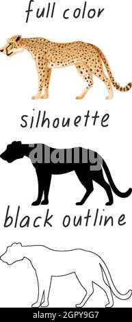 Set of leopard in color, silhouette and black outline on white background Stock Vector