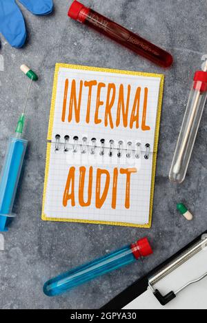 Hand writing sign Internal Audit. Business showcase Evaluates the effectiveness of the controls and processes Writing Prescription Medicine Laboratory Stock Photo