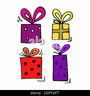 Hand drawn vector with bright presents. Doodle style. Stock Vector