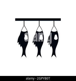Three dried fish hanging on a rope icon Stock Vector