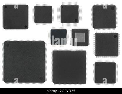 Microcircuits with legs on the sides, processors, electronic components, on a white background isolated Stock Photo