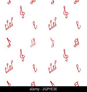 White background with red notes and treble clef. Pattern for wrapping paper.  Stock Vector