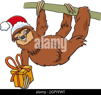 Cartoon illustration of sloth animal character with present on Christmas time Stock Vector