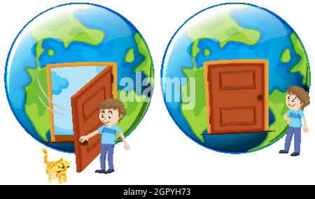 World with door closed and opened on white background Stock Vector