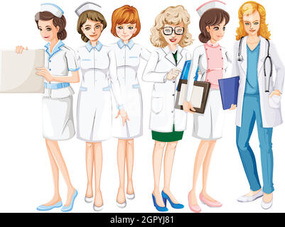 Female doctors and nurses in uniform Stock Vector