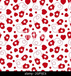 Seamless pattern from mittens and hearts on a white background. Stock Vector