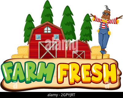 Font design for word farm fresh with scarecrow and red barns Stock Vector