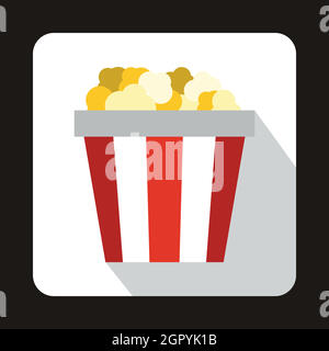 Popcorn in striped bucket icon, flat style Stock Vector