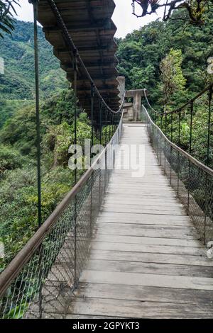 Suspension bridges leading to the viewpoint on Pailon del Diablo (Devil's Cauldron) waterfall near Banos town, Ecuador Stock Photo