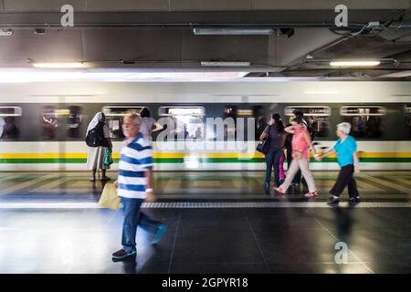 MEDELLIN, COLOMBIA - SEPTEMBER 1: Train is arriving to the San Antonio station of Medellin metro. Stock Photo