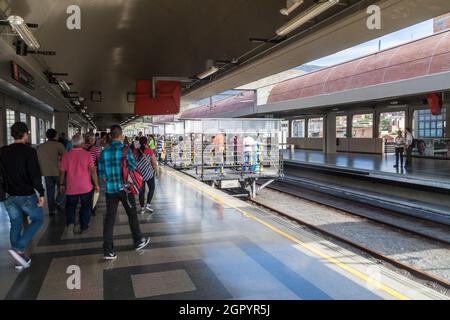 MEDELLIN, COLOMBIA - SEPTEMBER 1: Commuters at San Antonio station of Medellin metro. Stock Photo