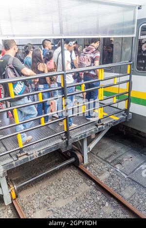 MEDELLIN, COLOMBIA - SEPTEMBER 1: Commuters at San Antonio station of Medellin metro. Stock Photo