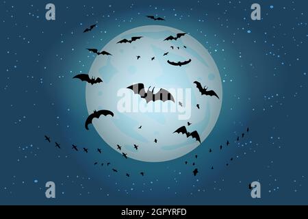 Spooky black bats group on fullmoon background. Halloween night starry sky with silhouettes of flying bats flock over moon. Stock vector illustration Stock Vector